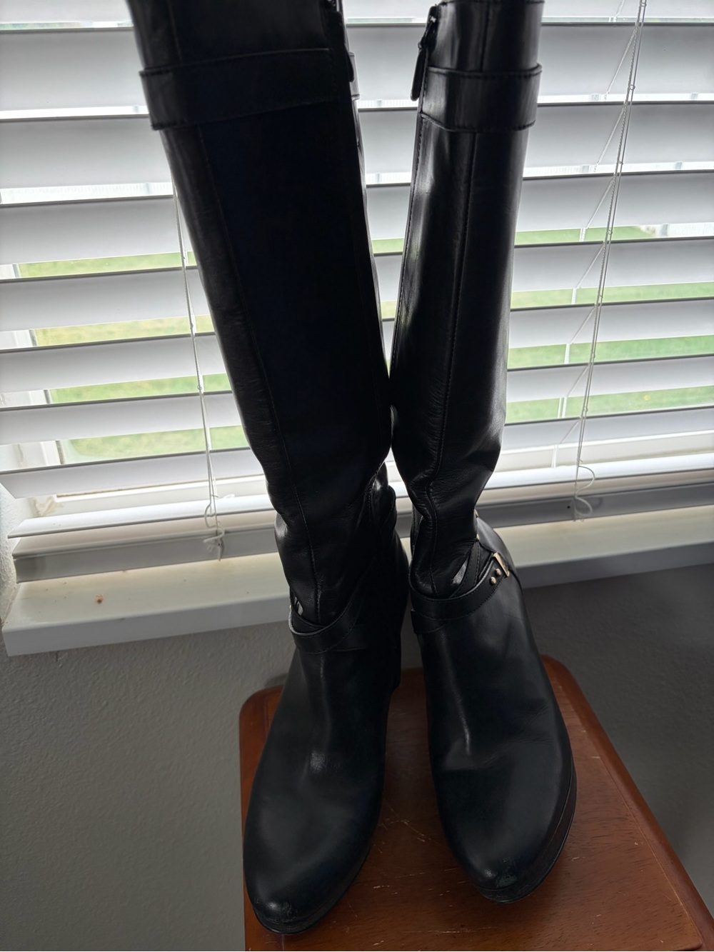 Cole Haan Black Leather high heels platform Riding Boots with Ankle Strap